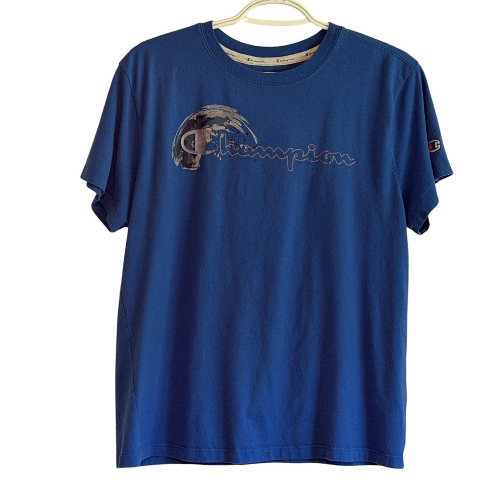 Champion T-Shirt Women Large Blue Graphic Logo Short Sleeve Athletic Tee